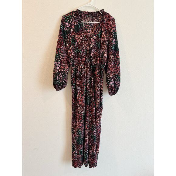 ZARA Black Floral Print Long Sleeve Wide Leg Jumpsuit Smocked Waist Size Small - Picture 2 of 6